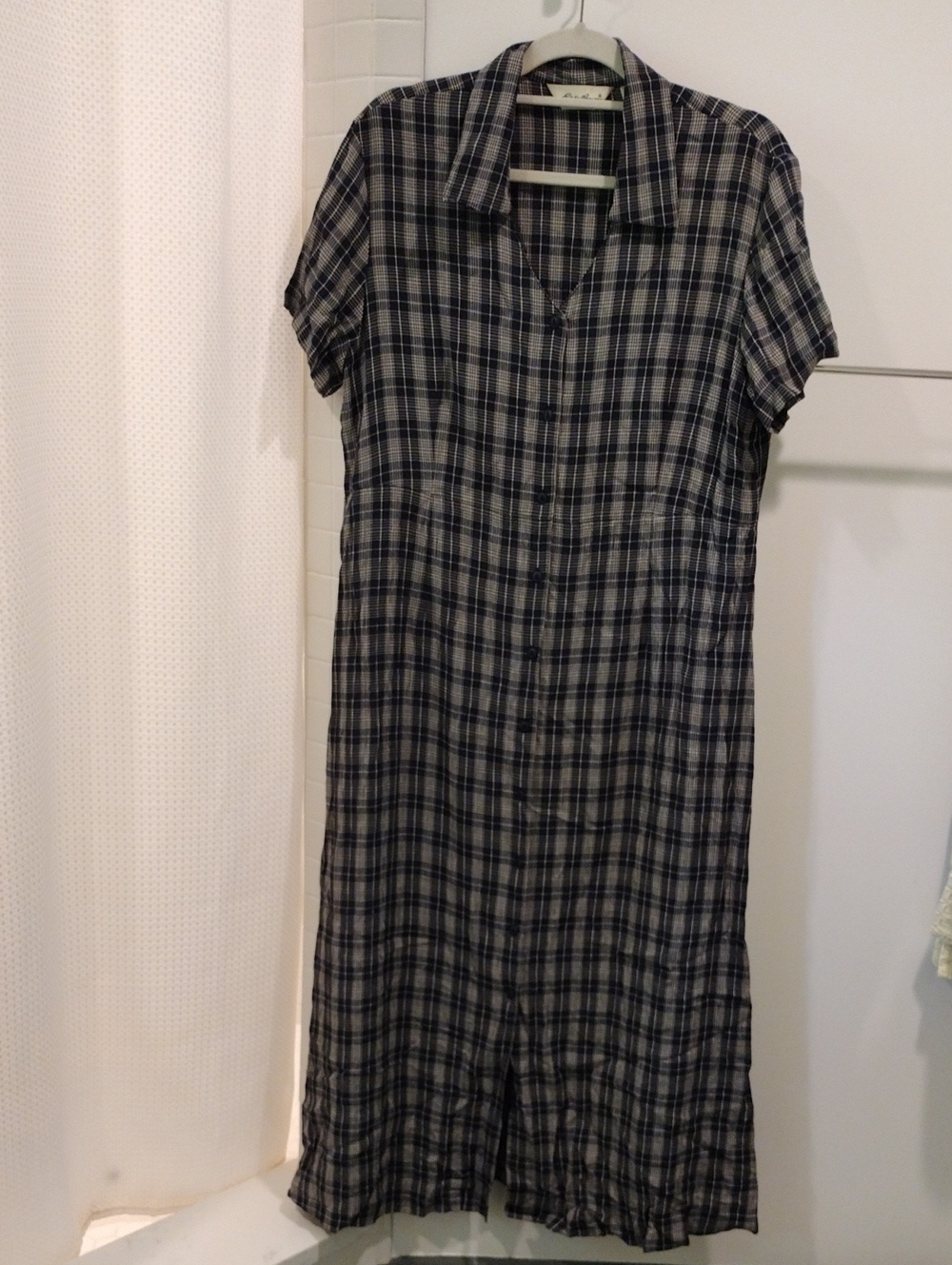 Eddie Bauer Navy and Cream Plaid Midi Shirt Dress